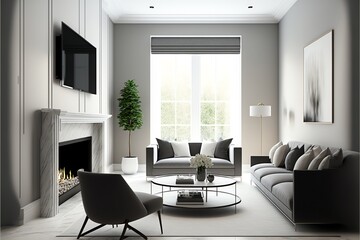 Modern white living room interior 3d rendering image.A blank wall with pure white. Decorate wall with extrude plan pattern and  warm light 