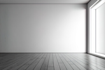 Mockup of an empty wall. Background of an interior showing a wooden floor. Generative AI