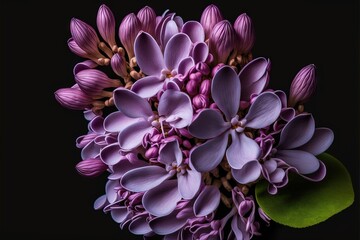  a bouquet of purple flowers with green leaves on a black background with a black background and a black background with a black background and a white border with a green border