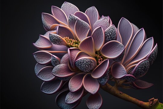  a purple flower with a black background is shown in this image, it is a close up view of the flower head and the petals are very large, with a dark background, black. Generative AI