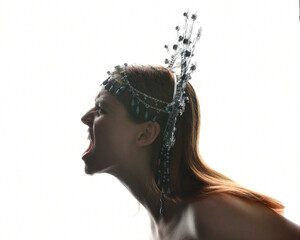 Close up portrait of beautiful girl in side profile, wearing an ornate silver crown headpiece,...