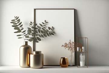 Elegant minimalist decor featuring a metal shelf, a brown mock up poster frame, and minimalistic accessories like a vase. Copy space Template. Generative AI