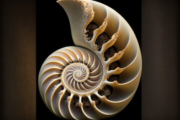 a large white shell with a spiral design on it's side, with a black background and a black background behind it, with a black border, with a white border, and a black border, with a.