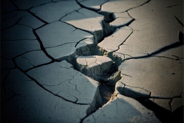  a cracked road with a hole in the middle of it and a light shining on the ground behind it and a black background with a white border with a shadow of a light at the.