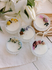 Soy candles with dried flowers. Scented candle for home. Candles in glass candle holder. Natural. Set of candles