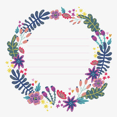 Round floral border frame with hand drawn flowers and leaves, template for invitation 