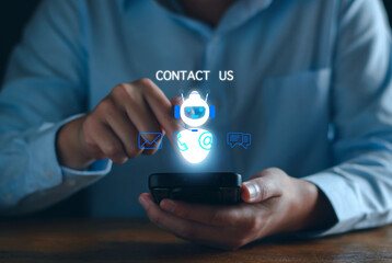 AI Contact us concept. Business man consulting customers who contact us, call center service, customer consulting service, email, hotline, business contact, AI Artificial Intelligence, digital service - obrazy, fototapety, plakaty
