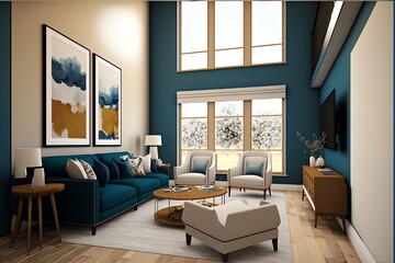 Fototapeta premium A modern living room, in a minimalist millenium crib, high ceiling and filled with warm blue and khaki colour as the wall blend in with the design of the furniture. 