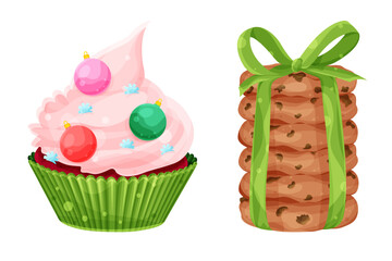 Set vector bright New Years cupcake and stack of oatmeal cookies, Christmas balls and snowflakes, festive pastries 