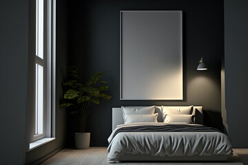 Front view on dark bedroom interior with two empty white posters, bed, window, oak wooden floor, grey wall. Concept of minimalist design. Space for chill and relaxation. Mock up. Generative AI