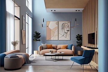 A modern living room, in a minimalist millenium crib, high ceiling and filled with warm blue and khaki colour as the wall blend in with the design of the furniture.	 - obrazy, fototapety, plakaty