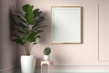 A simple light pink interior room with a single plant and a single vertical picture frame. light background, poster frame mockup, copy space. Generative AI