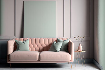 in a living room with an empty wall and a sofa. minimalist design idea style in pastel tones. Generative AI