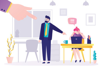 Business people lay the blame at someone. Relationships in team, office work, hierarchy and subordination. Toxic team atmosphere. Blame, slander, responsibility, business concept.