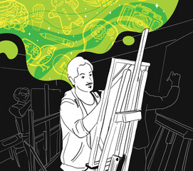 Man painting to escape from real world, imagination, mental health benifit, creating imaginative art