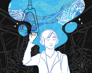 women listening music in metro, in subway train, eyes close, happy face, far way from monotonous life, moment of metro