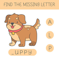 Find the missing letter is an educational game for kids with a dog. Cute cartoon puppy. Practicing English alphabet.