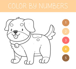 Color by numbers coloring book for kids with a dog. Coloring page with cute cartoon puppy. Monochrome black and white.