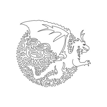 Continuous curve one line drawing of mythological creatures, abstract art in circle. Single line editable stroke vector illustration of fearsome winged dragon for logo, syimbol, poster print decor