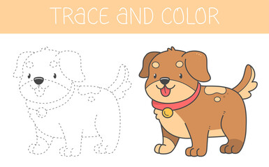 Trace and colour coloring book with a dog for kids. Coloring page with a cute cartoon puppy.