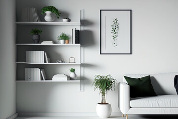 Mockup of a white living room's simple interior shelves. Generative AI