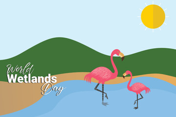 World Wetlands Day theme. Postcard or banner with a map cut out in paper, the branches of reeds and reminding an inscription. The date of the event is 2 February. Vector illustration.