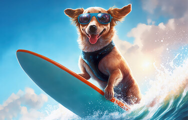 dog surfing on a surfboard wearing sunglasses at the ocean shore, generative ai