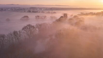 Obraz premium Trees and houses rising out of the ground fog in a floodplain forest landscape. Pastel colours of sunrise, warm tones, ground fog, frosty morning. Winter without snow, Czech Republic.