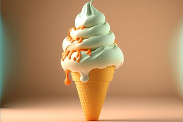  a scoop of ice cream with a scoop of ice cream on top of it, with a caramel swirl on top of it, and a light brown background with a light blue border.