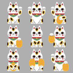 Maneki Neko Lucky Cat Flat Style Set 1 with 9 Poses