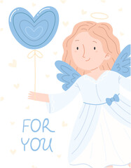 Design concept of a Valentine's day greeting card with a cute angel girl with a balloon heart and the inscription for you. blue vertical illustration.