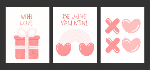 A set of three vertical cute Valentine's Day cards. Design concept of pink greeting cards with a gift, rainbow and xoxo. love illustration.