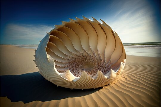  a large shell on a sandy beach with a blue sky in the background and a body of water in the foreground, with a small wave coming in the foreground, and a.
