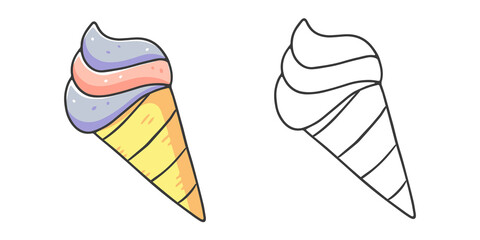 Ice cream in a cone coloring book with an example of coloring for children. Coloring page with food. Monochrome and color version. children's illustration.