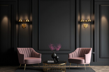 Large master living room in dark black gray colors. Rose pink set of chairs and gold table. Background blank wall blank for wallpaper or paintings. Luxury lounge or reception. Generative AI - obrazy, fototapety, plakaty