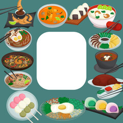 Green frame with Asian cuisine. Traditional cuisine of the Far East. Vector illustration. Background, postcard, flyer, poster.
