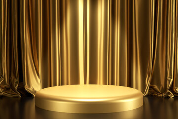 gold circular podium for luxury product display with elegant yellow golden silk satin curtain background composition with spotlight 3d rendering illustration