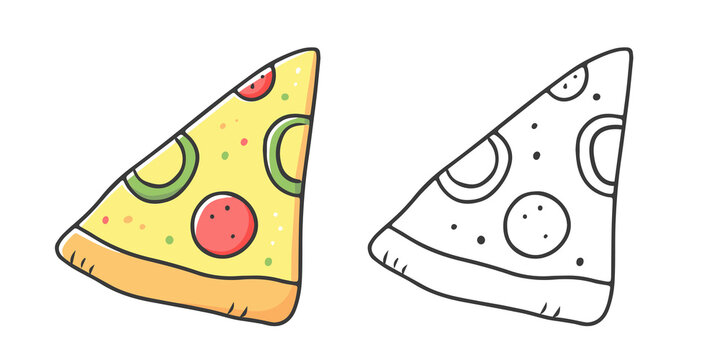 Pizza coloring book with an example of coloring for children. Coloring page with food. Monochrome and color version. children's illustration.