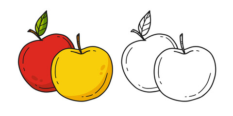 Yellow and red apples coloring book with an example of coloring for children. Coloring page with a pair of apples. Monochrome and color version. children's illustration.