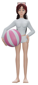 3D rendering. Cute  girl in swimwear with beach ball on orange background.