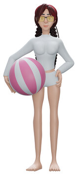 3D rendering. Cute  girl in swimwear with beach ball on orange background.