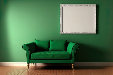 template for a vertical frame on the green wall. Interior with wooden floor and couch. Generative AI