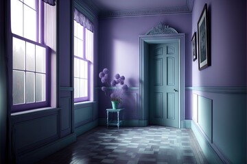  a room with a chair and a vase of flowers on the table in front of a window with a checkered floor and a purple wall with a picture on the wall and a chair.