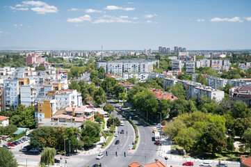 Aerial view of the crossroad, Bulgarian city Plovdiv in the middle of sunny day.