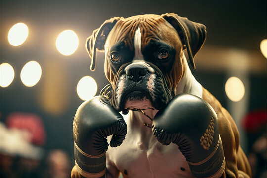 Boxer dog in boxing gloves in the ring, a realistic illustration of a sportsman dog, boxing match, ai generated art