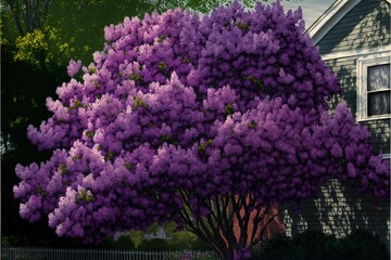 Obraz premium a painting of a purple tree in front of a house with a white picket fence and a gray house behind it with a white picket fence and a blue sky and green house with a.