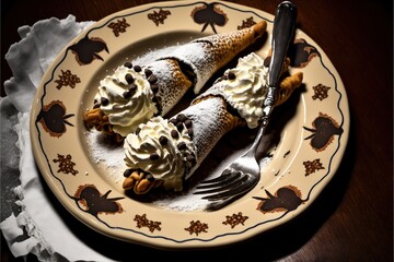 Fototapeta premium a plate with two desserts on it with a fork and knife on it with a napkin on the side of the plate and a napkin on the plate with a fork and a napkin.