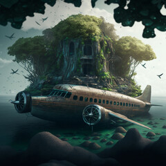 a lost and abandoned island with a small rusty plane with algae on the windows and an abandoned and broken boat, Generative Ai