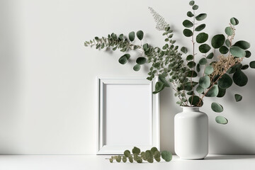 Fototapeta premium Blank picture frame mockup in scandinavian style over white wall with green eucalyptus in vase, mockup with copy space. Generative AI
