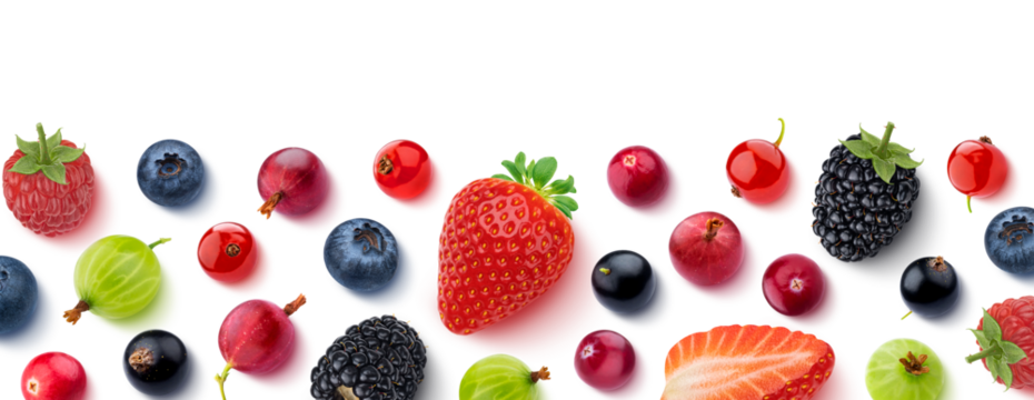 Fruits and berries frame isolated, top view, flat lay